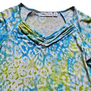 Susan Graver Liquid Knit Top XXS Blue Green 3/4 Sleeve Rouched V-Neck Coastal